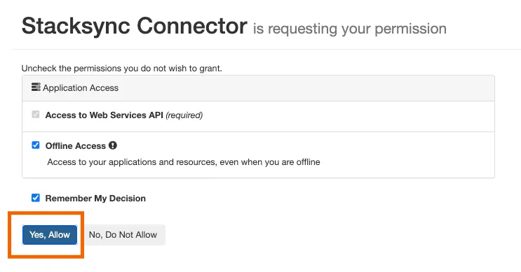 Acumatica consent page for "Stacksync Connector" requesting Web Services API and Offline Access, with "Yes, Allow" highlighted