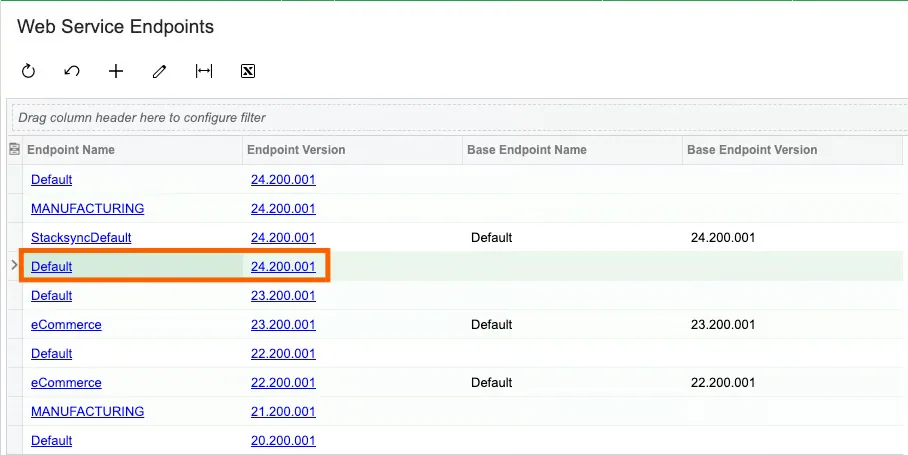 Acumatica Web Service Endpoints list with the "Default" 24.200.001 endpoint highlighted