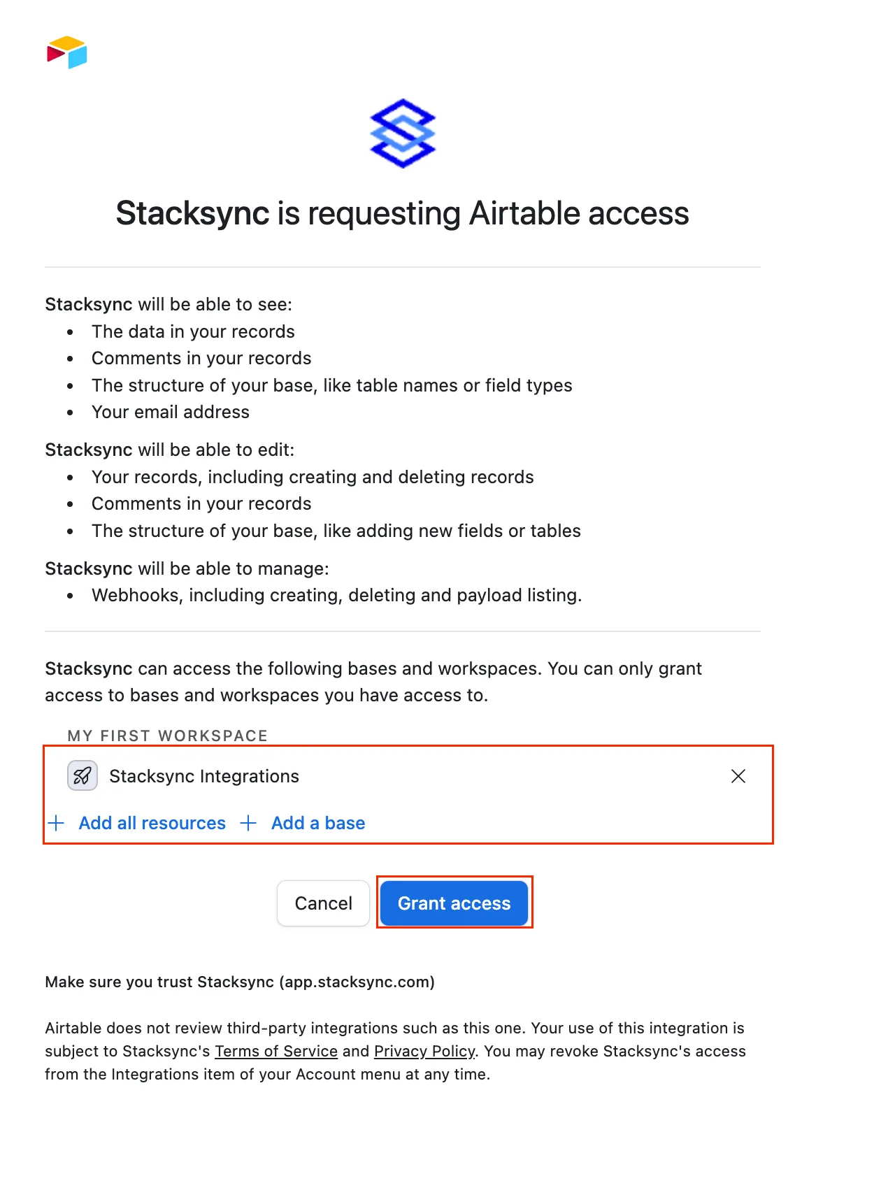 Airtable consent page "Stacksync is requesting Airtable access" with a base selected and "Grant access" highlighted