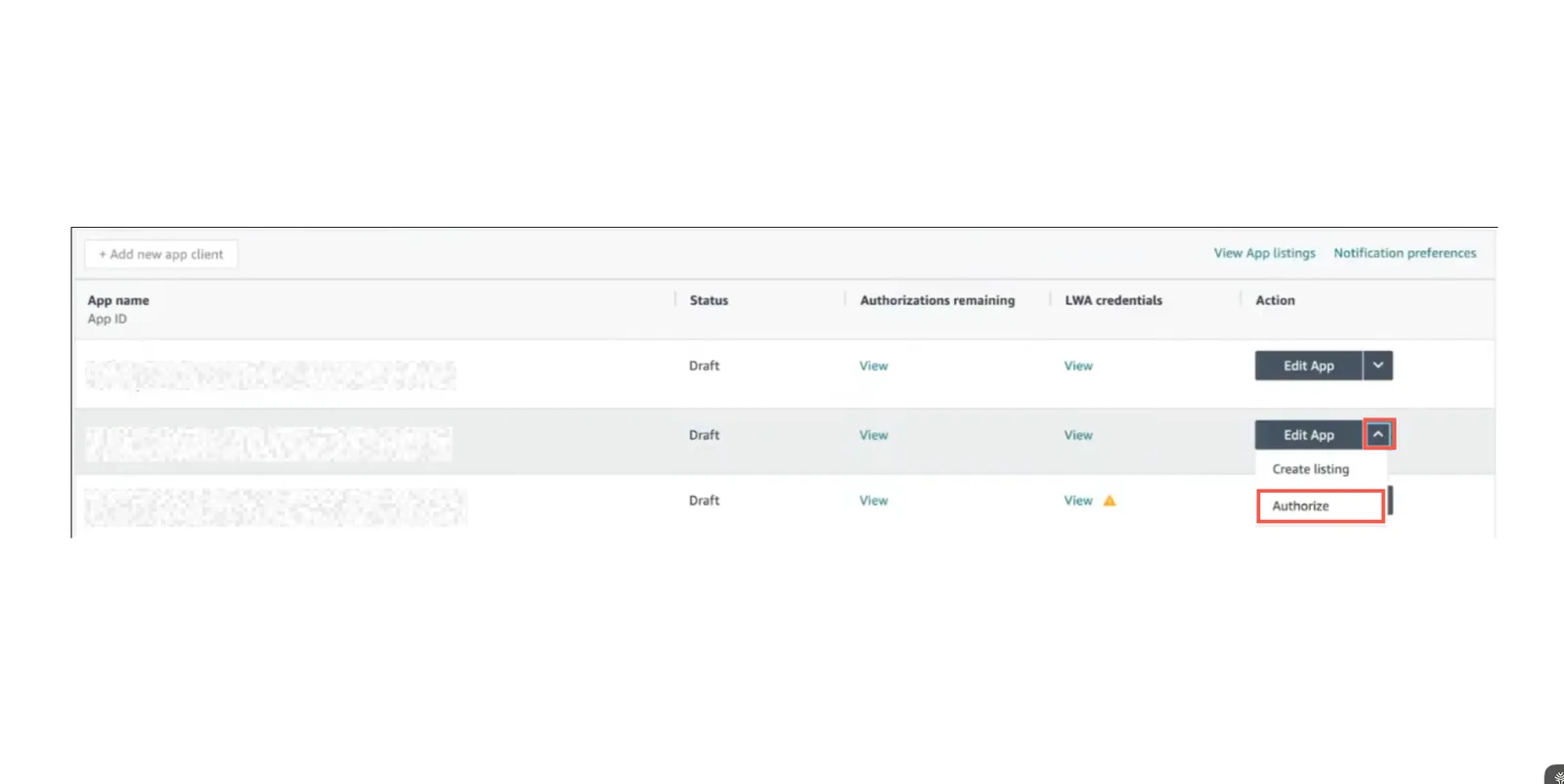 Amazon Solution Provider Portal app list with the Edit App menu open and "Authorize" highlighted