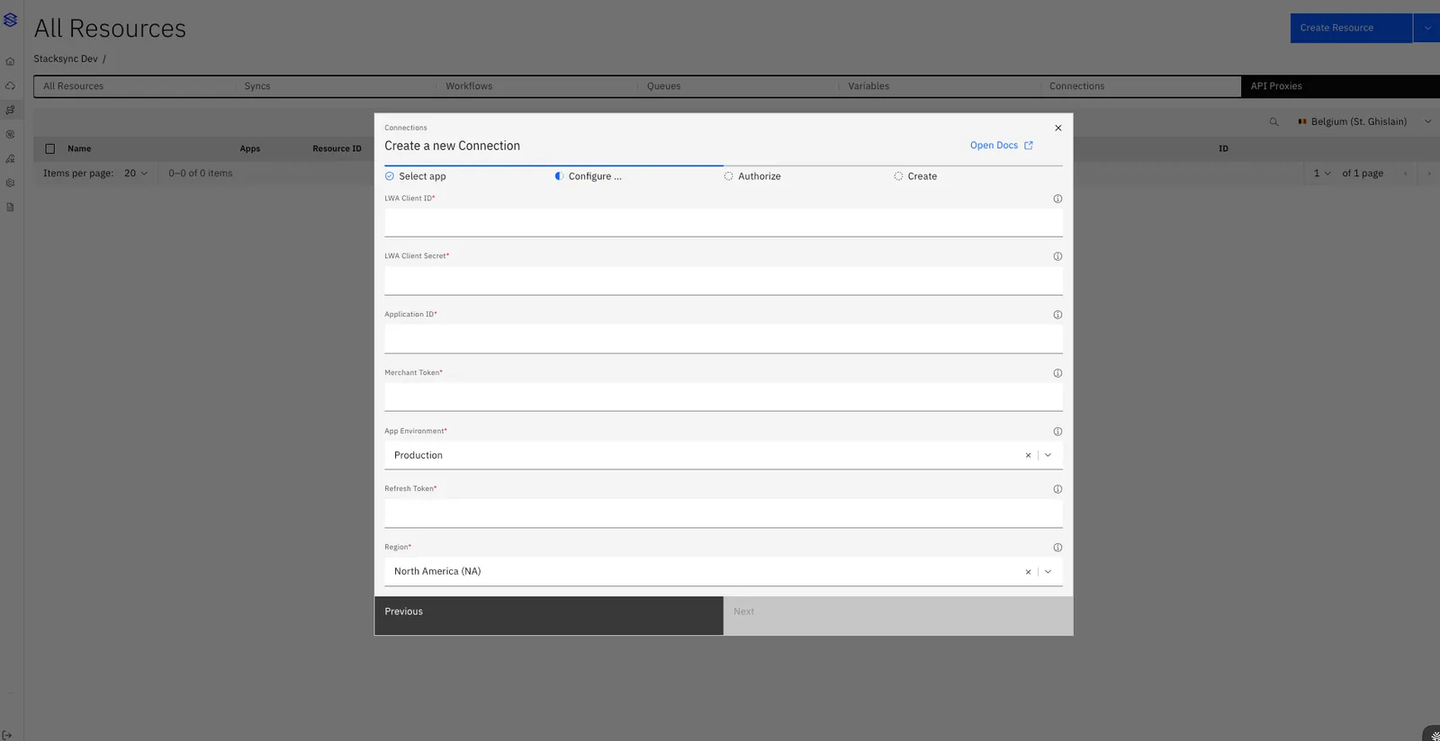 Stacksync Amazon connection form with LWA Client ID and Secret, Application ID, Merchant Token, Refresh Token and Region