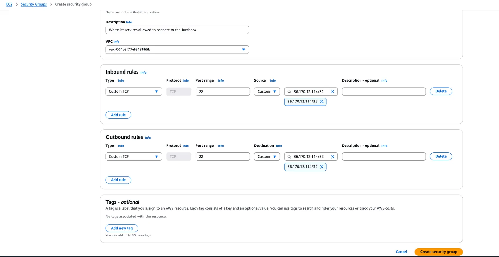 AWS "Create security group" form with inbound and outbound Custom TCP rules on port 22 for a single whitelisted /32 IP.