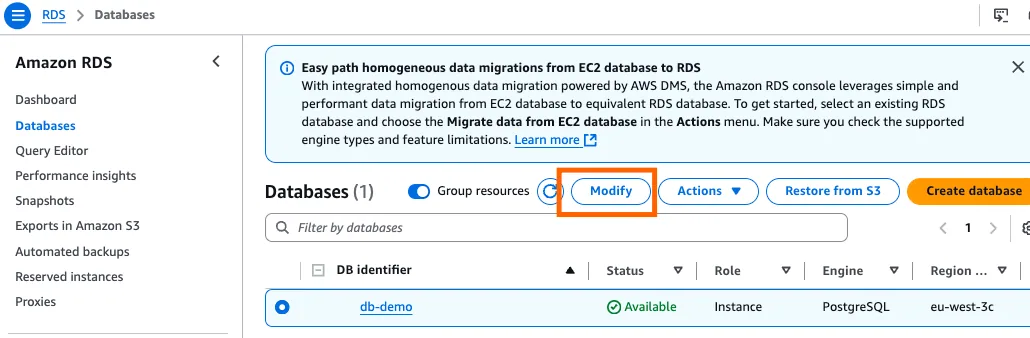 Amazon RDS Databases list with the PostgreSQL "db-demo" instance selected and the "Modify" button highlighted.