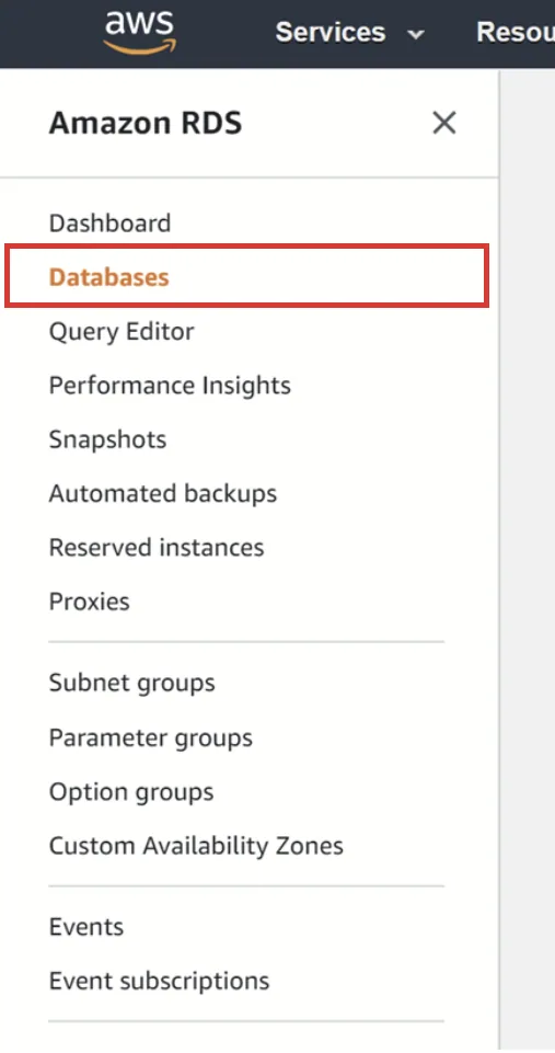Amazon RDS console navigation panel with "Databases" highlighted.