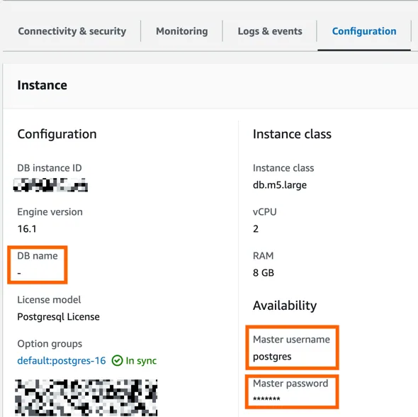 Amazon RDS Configuration tab with DB name, Master username "postgres" and Master password fields highlighted.
