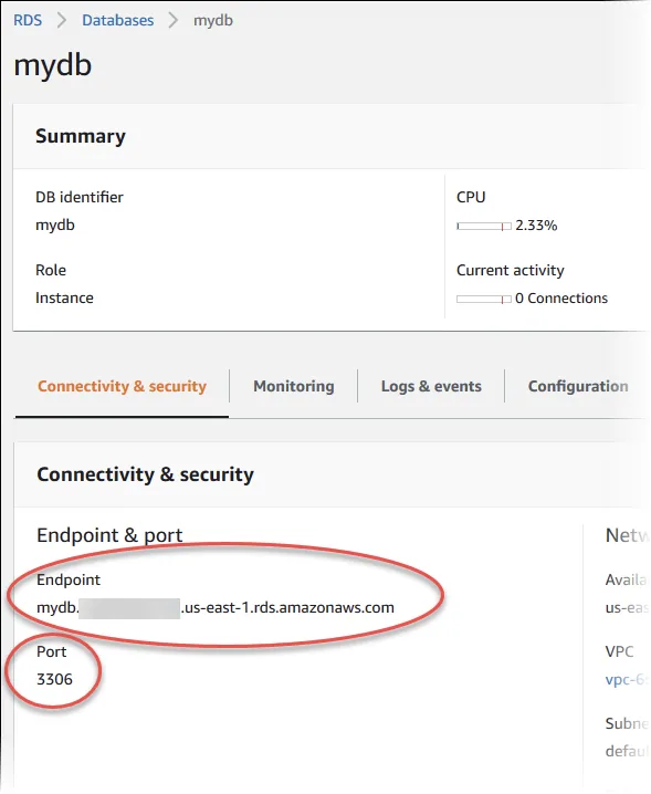 Amazon RDS instance "mydb" Connectivity & security tab with the Endpoint and Port 3306 circled.