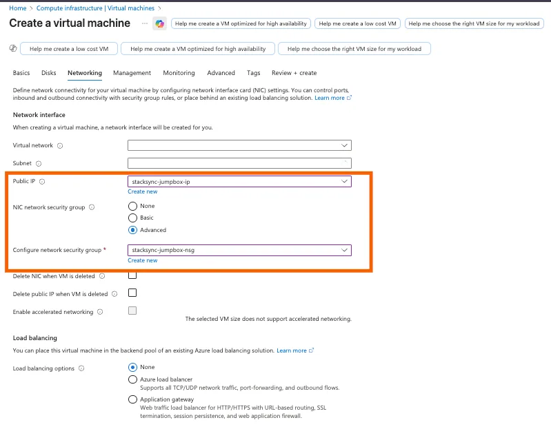 Azure VM Networking tab with public IP "stacksync-jumpbox-ip" and network security group "stacksync-jumpbox-nsg" highlighted.