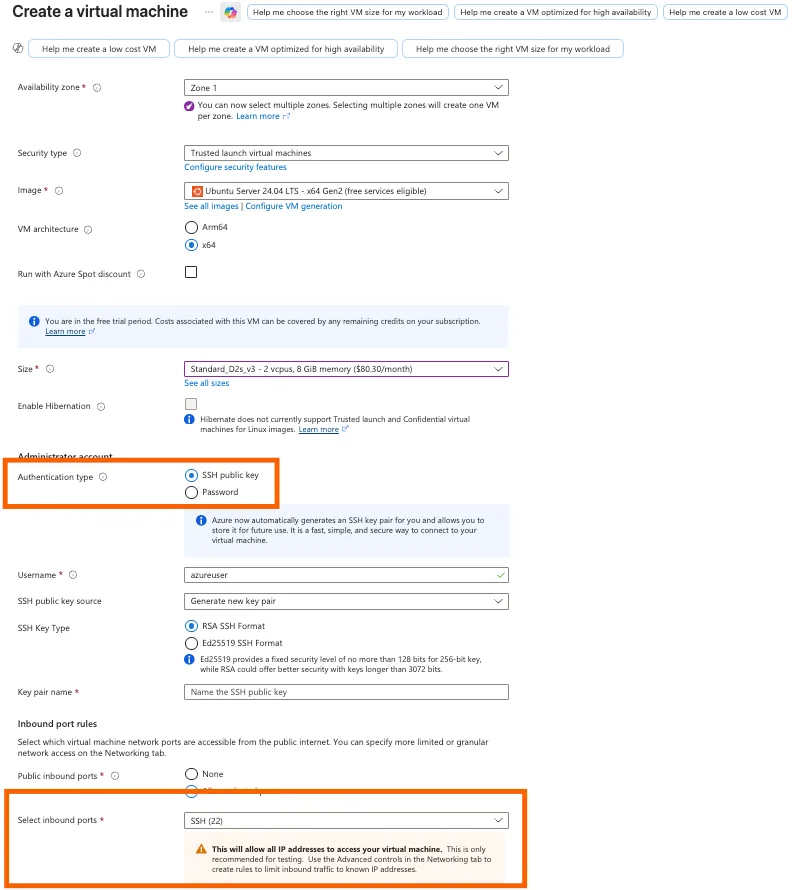 Azure "Create a virtual machine" Basics with "SSH public key" authentication and inbound port "SSH (22)" highlighted.
