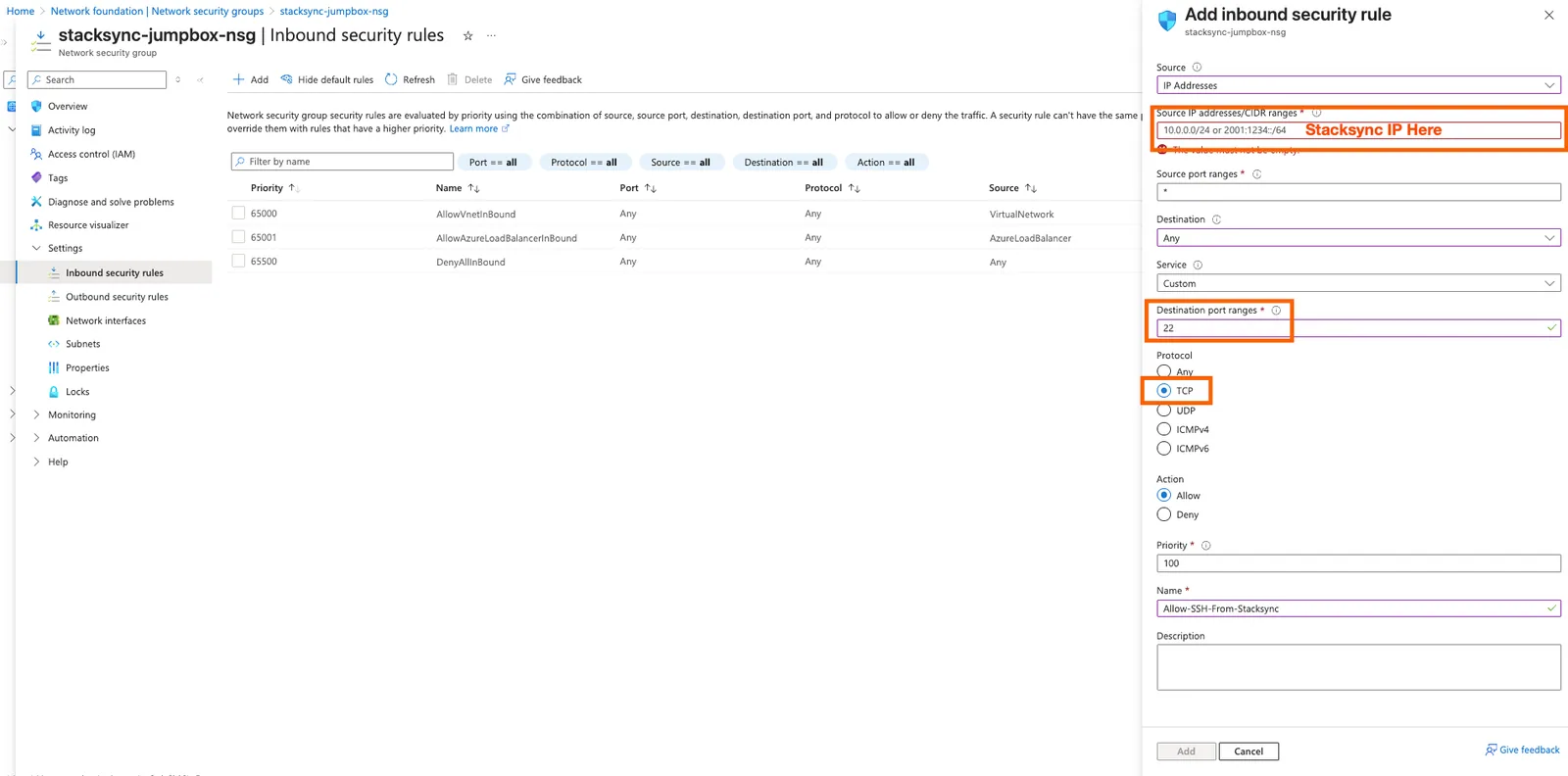 Azure "Add inbound security rule" panel with source IP for the Stacksync IP, destination port 22 and TCP highlighted.