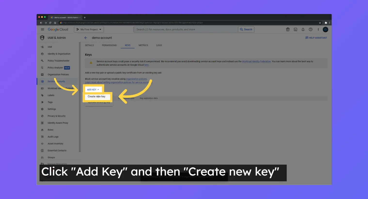 Google Cloud IAM service account Keys tab with the "Add Key" menu open and "Create new key" highlighted.