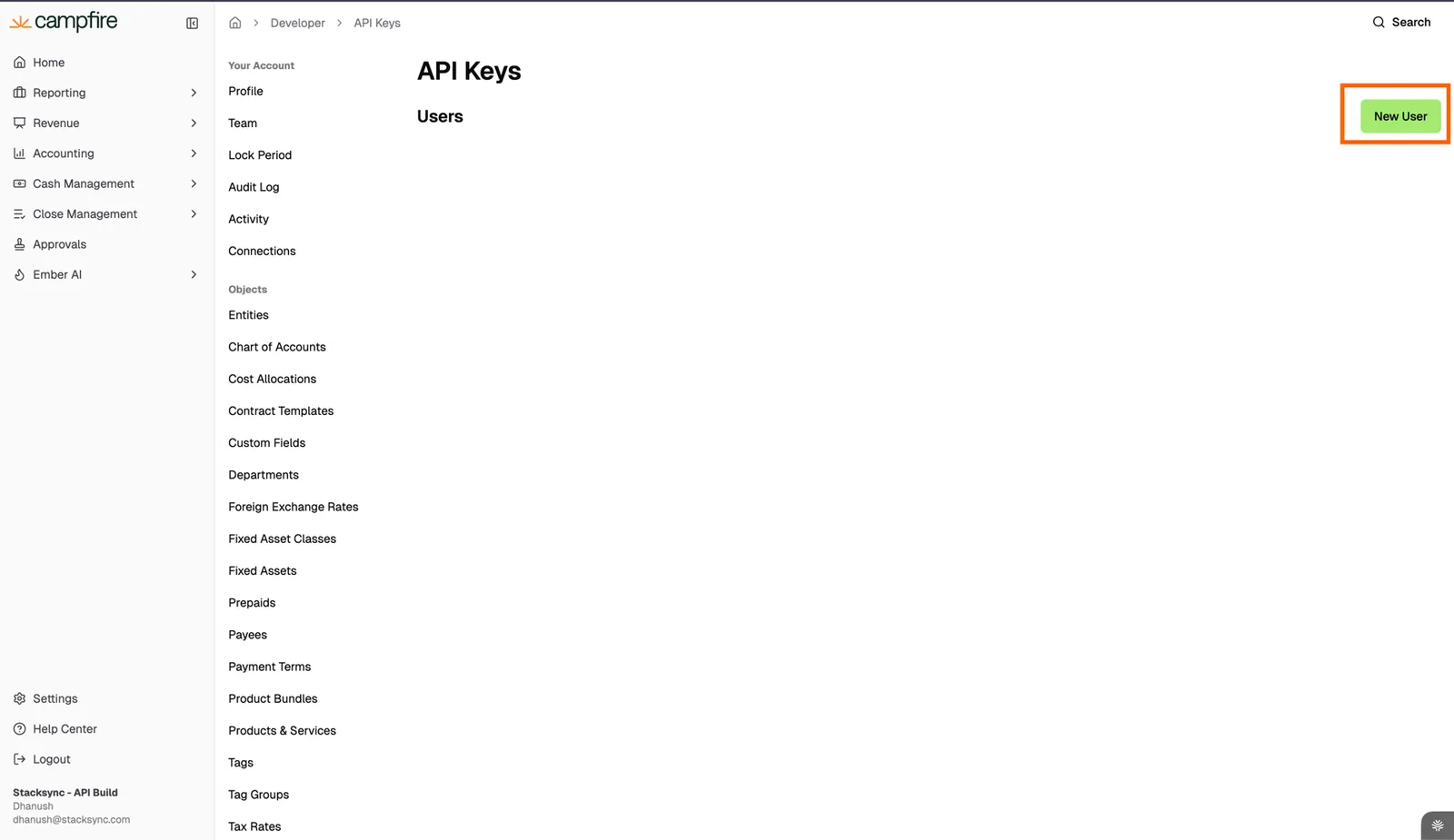 Campfire API Keys page with the "New User" button highlighted.