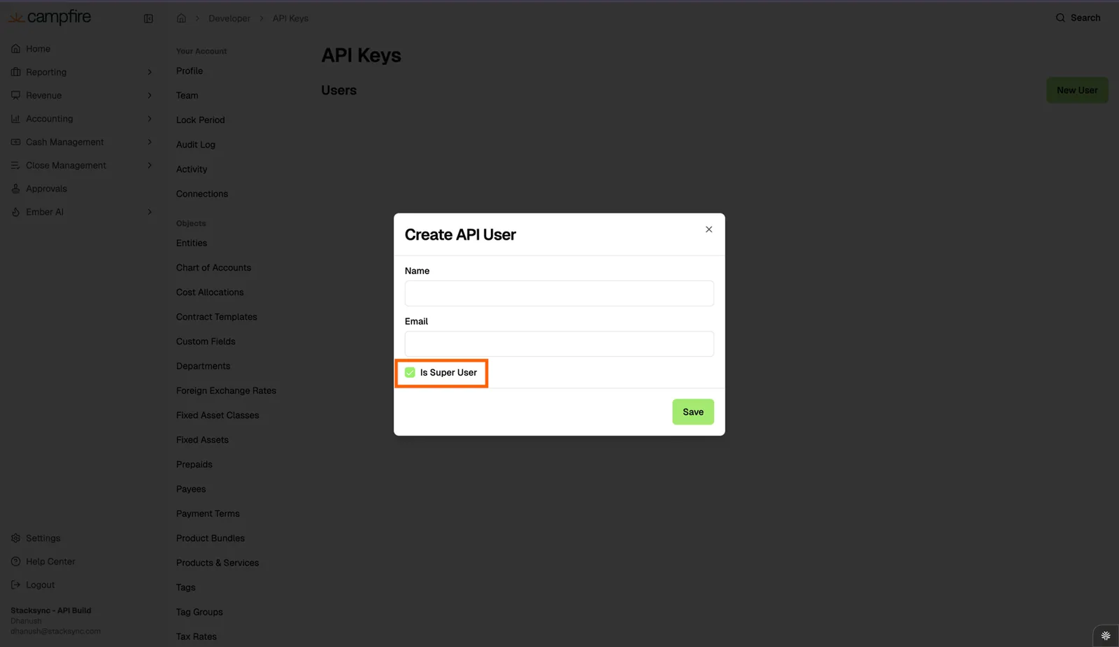 Campfire "Create API User" dialog with Name and Email fields and the "Is Super User" checkbox highlighted.