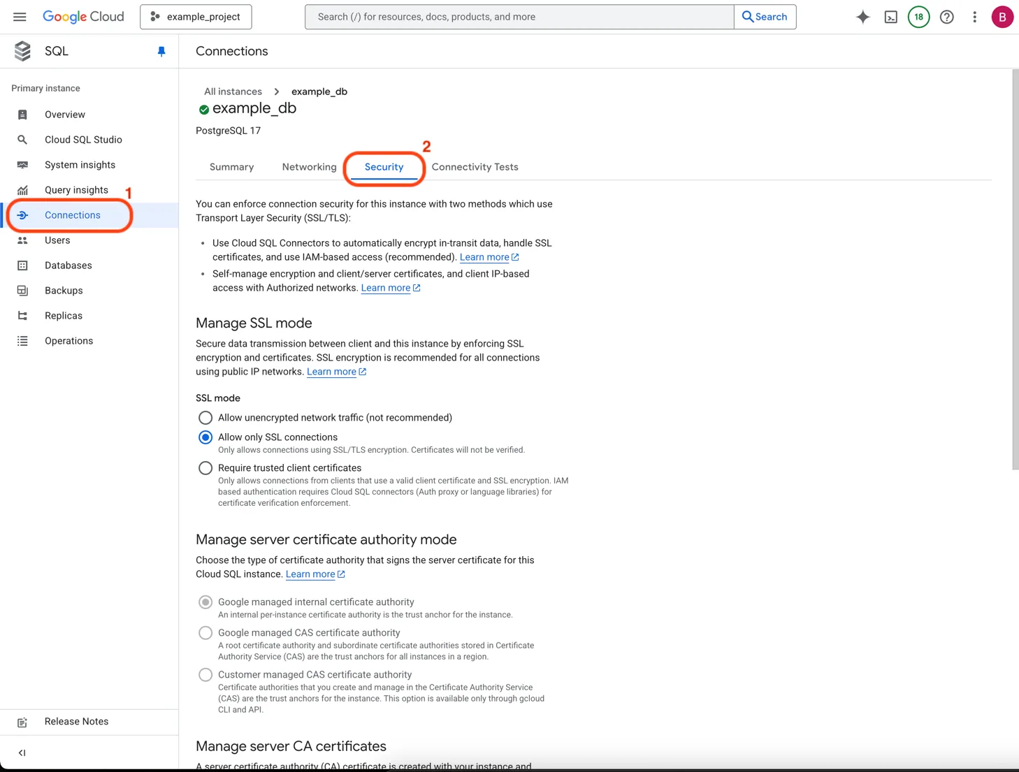 Google Cloud SQL instance with "Connections" (1) and the "Security" tab (2) circled, showing SSL mode settings.