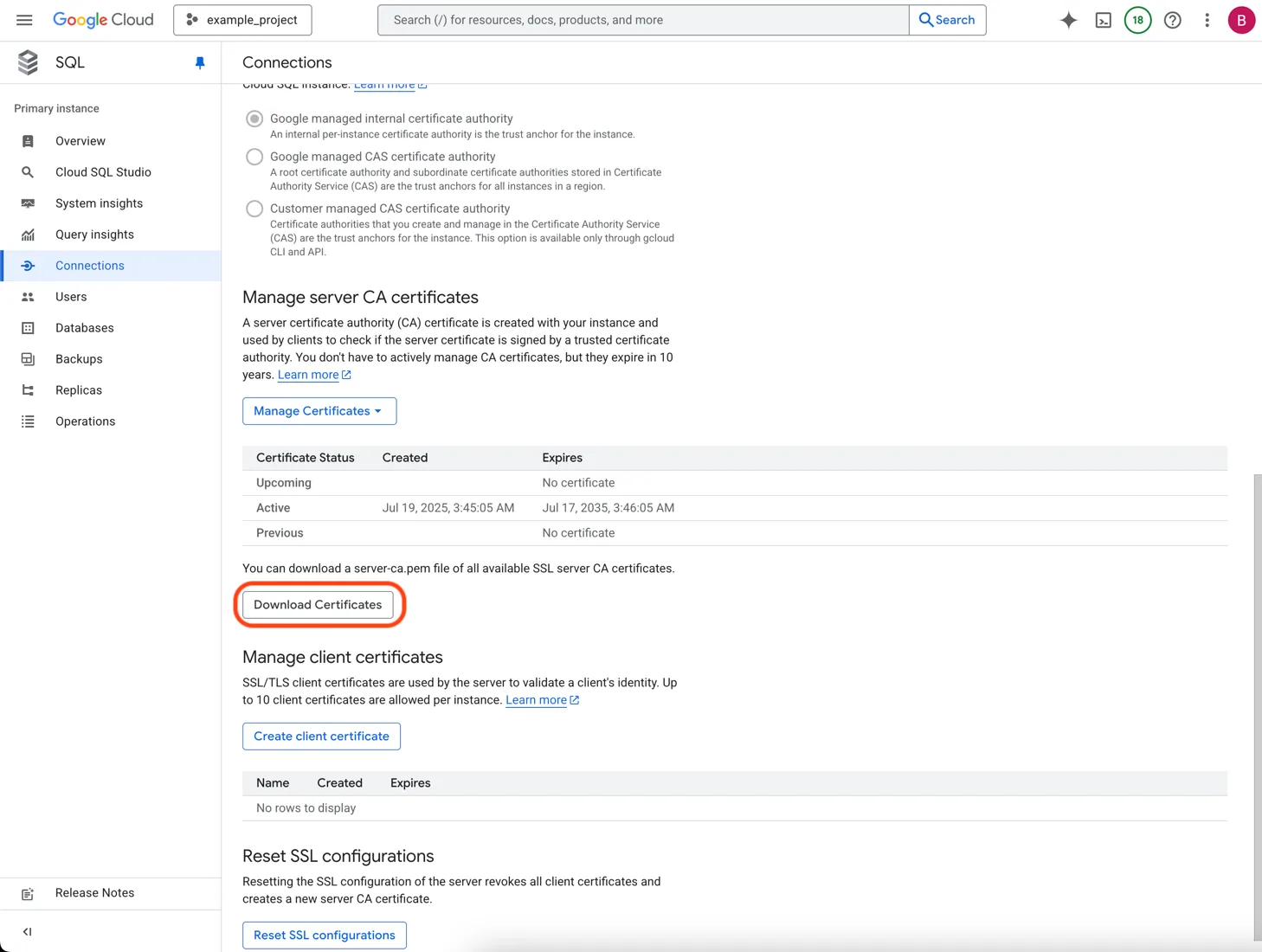 Google Cloud SQL Connections page under "Manage server CA certificates" with the "Download Certificates" button circled.