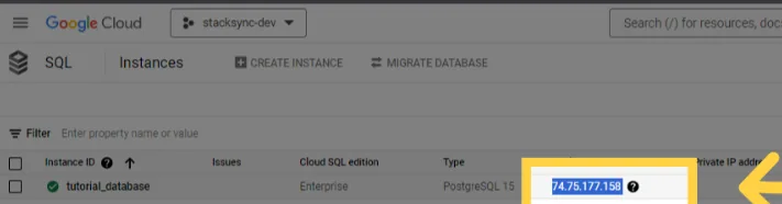 Google Cloud SQL Instances list with the public IP address of the "tutorial_database" instance highlighted.