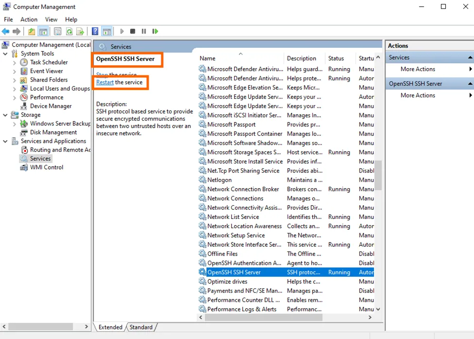 Computer Management Services list with OpenSSH SSH Server selected and the "Restart the service" link highlighted.