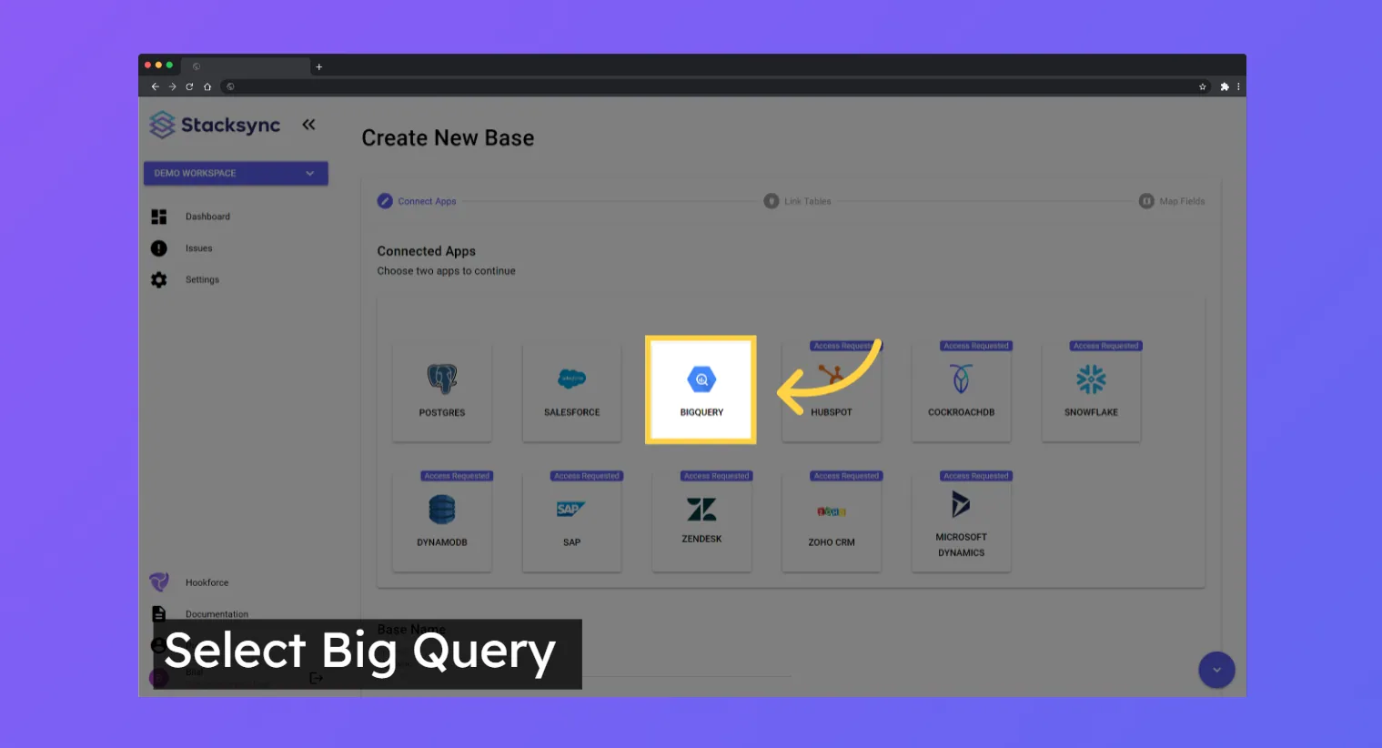Stacksync Create New Base page at the Connect Apps step, with the BigQuery app tile highlighted.