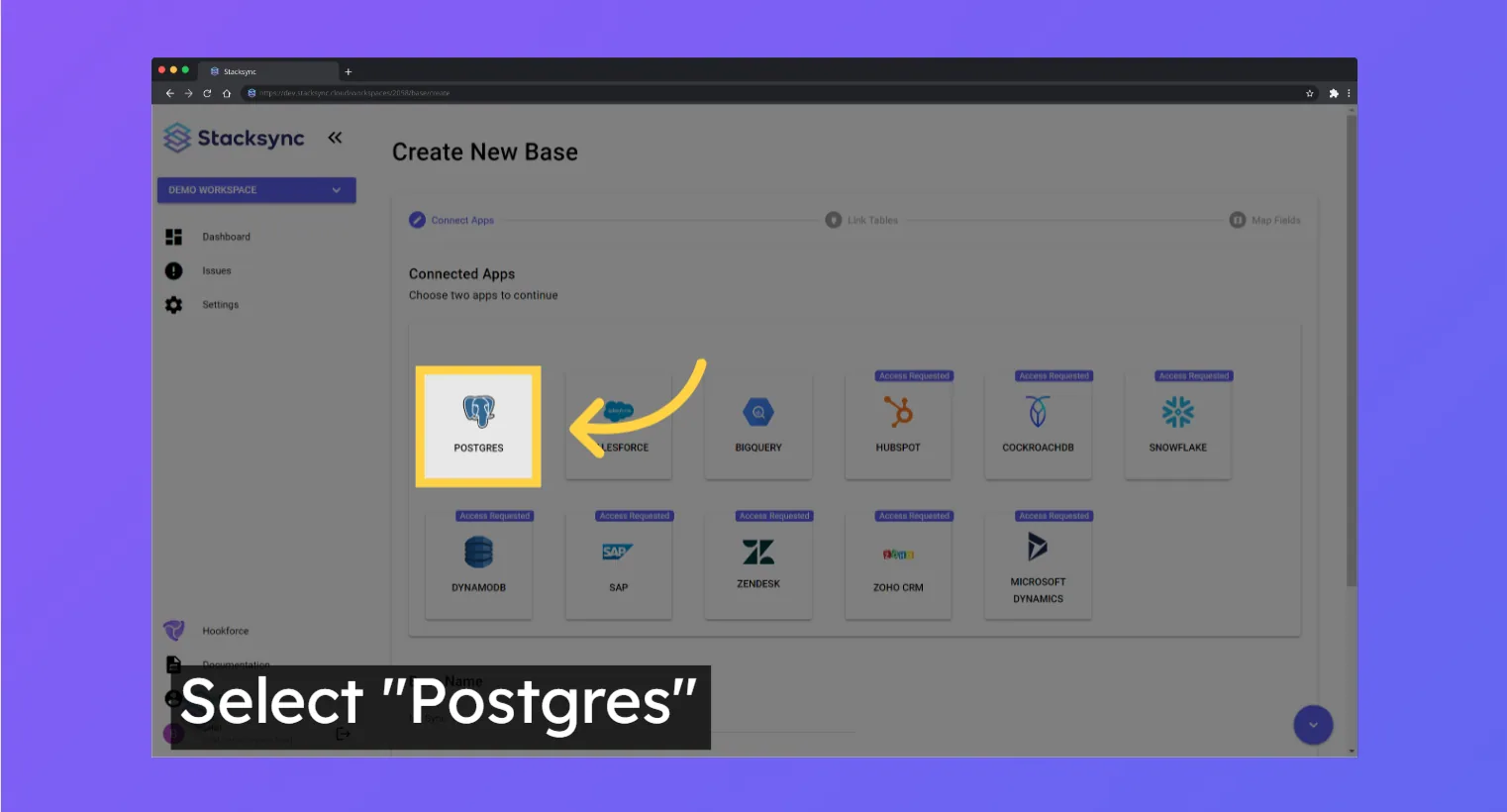 Stacksync "Create New Base" Connected Apps step with the Postgres tile highlighted and the caption "Select "Postgres"".
