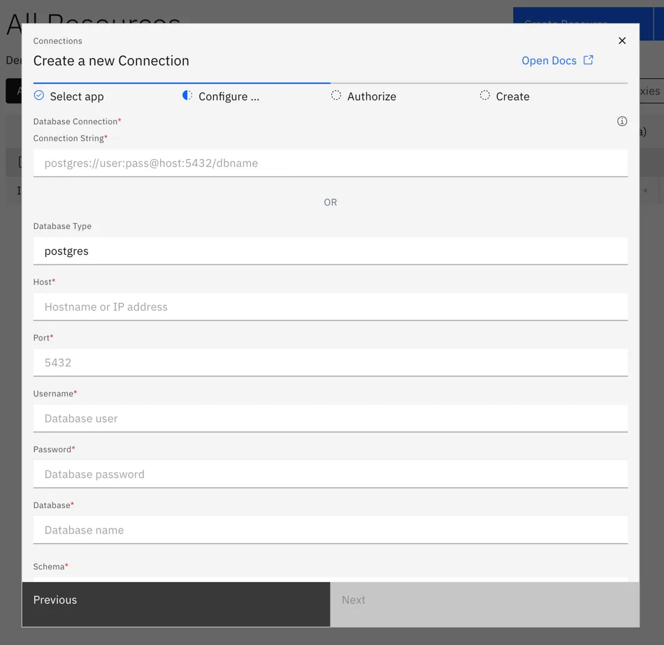 Stacksync "Create a new Connection" Configure step with Connection String or Host, Port, Username, Password and Database fields.