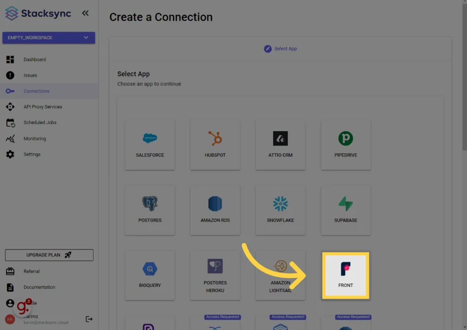 Stacksync "Create a Connection" Select App step with the Front app tile highlighted.