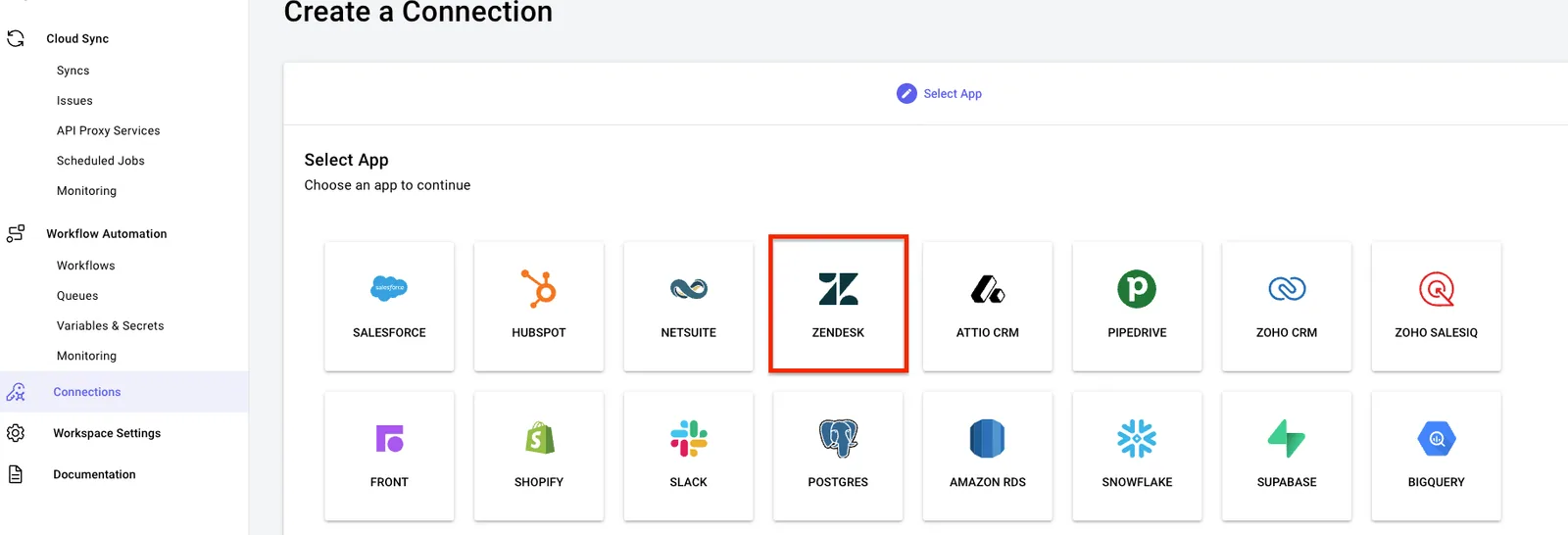 Stacksync Create a Connection page with the Zendesk app tile highlighted in the Select App grid.