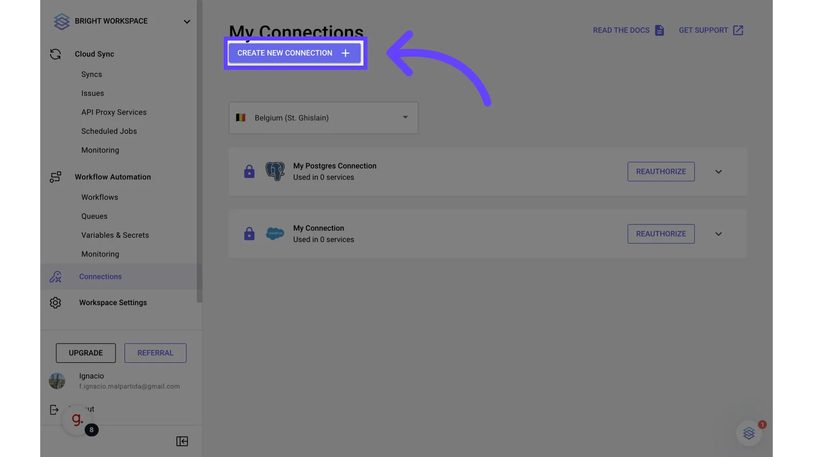 Stacksync "My Connections" page with an arrow pointing to the "Create New Connection" button.