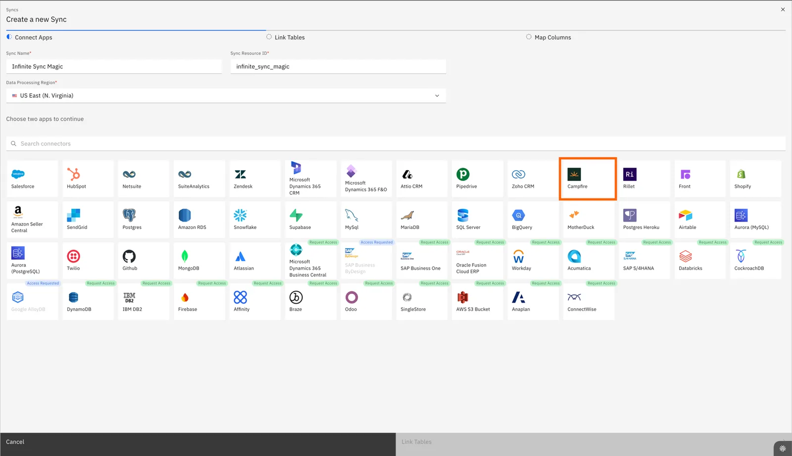 Stacksync "Create a new Sync" Connect Apps step with the connector grid and the Campfire tile highlighted.
