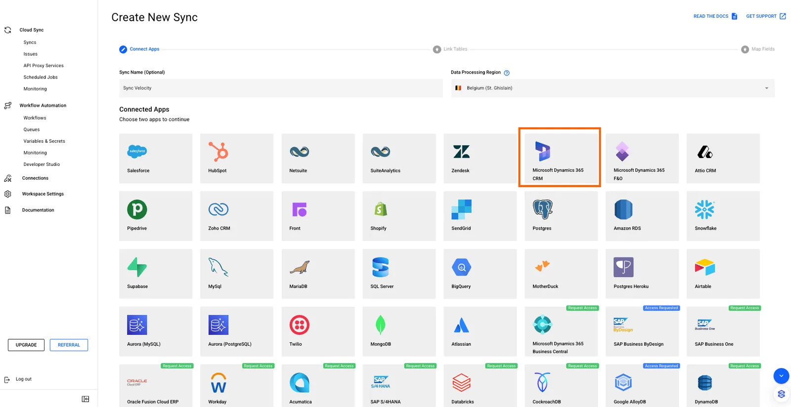 Stacksync "Create New Sync" Connect Apps step with the "Microsoft Dynamics 365 CRM" tile highlighted.