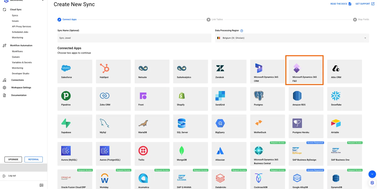 Stacksync "Create New Sync" Connect Apps step with the "Microsoft Dynamics 365 F&O" tile highlighted.