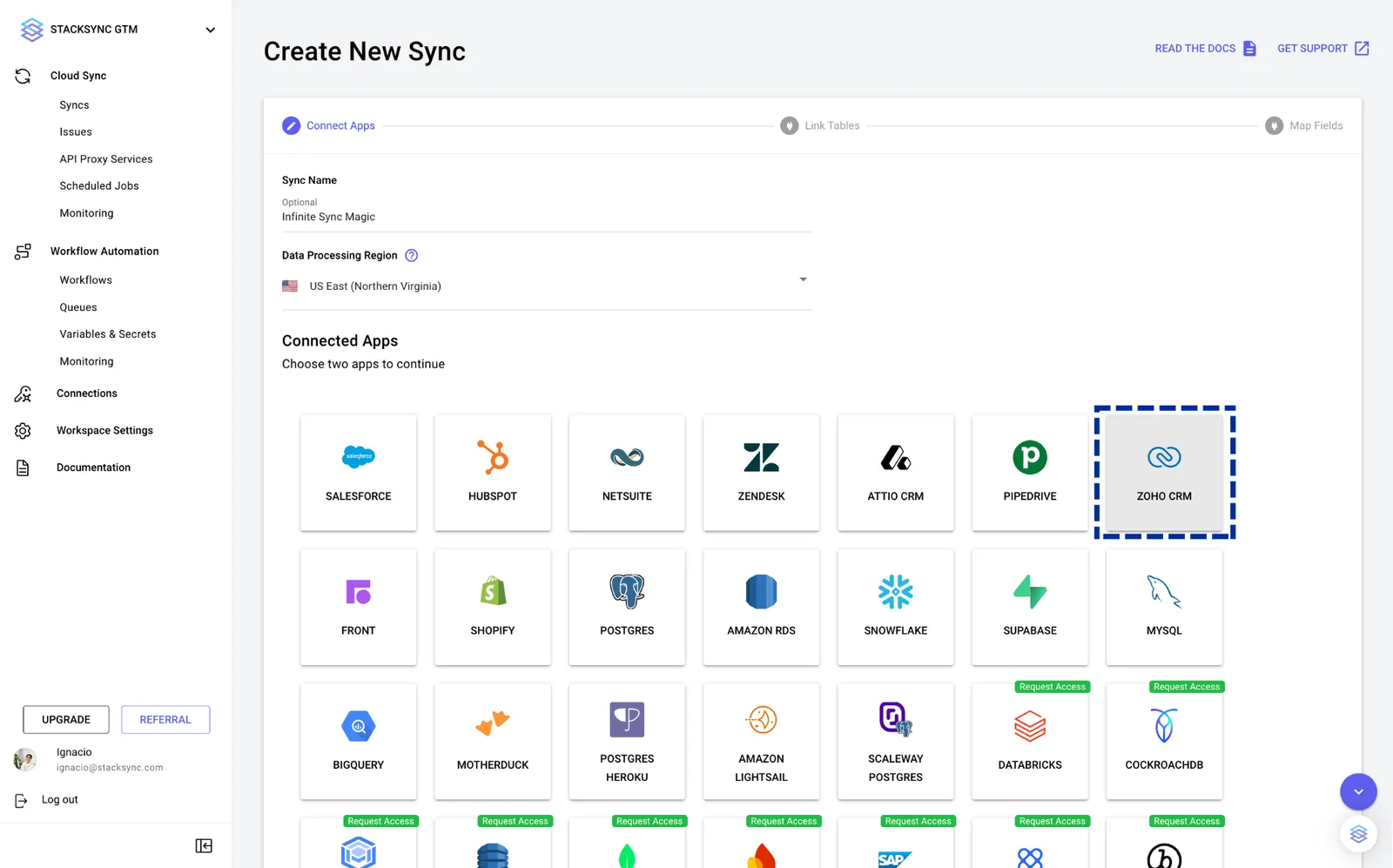 Stacksync Create New Sync page, Connect Apps step, with the Zoho CRM app tile highlighted.