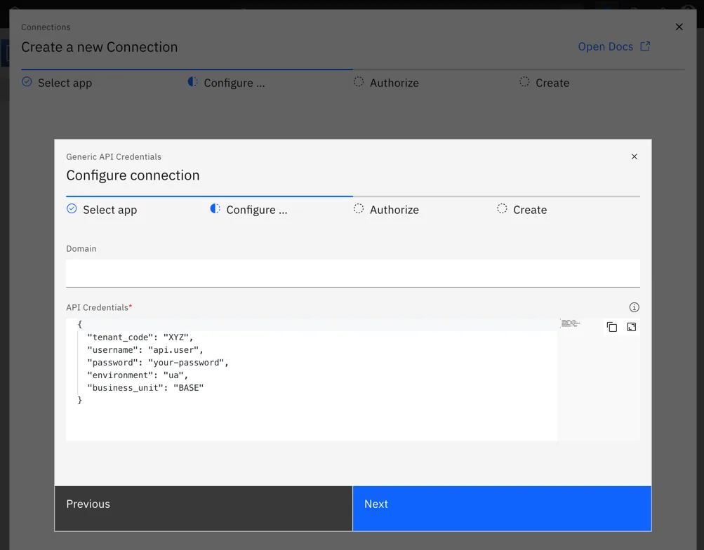Generic API Credentials "Configure connection" form with a Domain field and JSON API Credentials including tenant_code and business_unit.