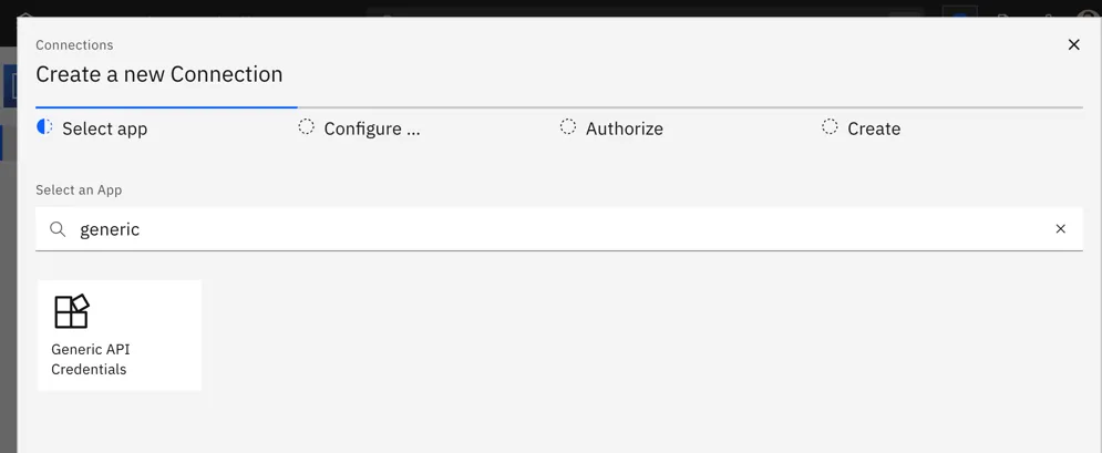 Stacksync "Create a new Connection" Select app step, searching "generic" and showing the "Generic API Credentials" tile.