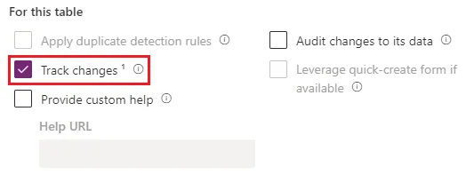 Dynamics 365 table settings "For this table" section with the "Track changes" checkbox checked and highlighted.