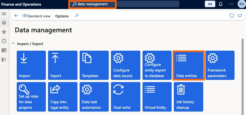 D365 Finance and Operations "Data management" workspace found via search, with the "Data entities" tile highlighted.
