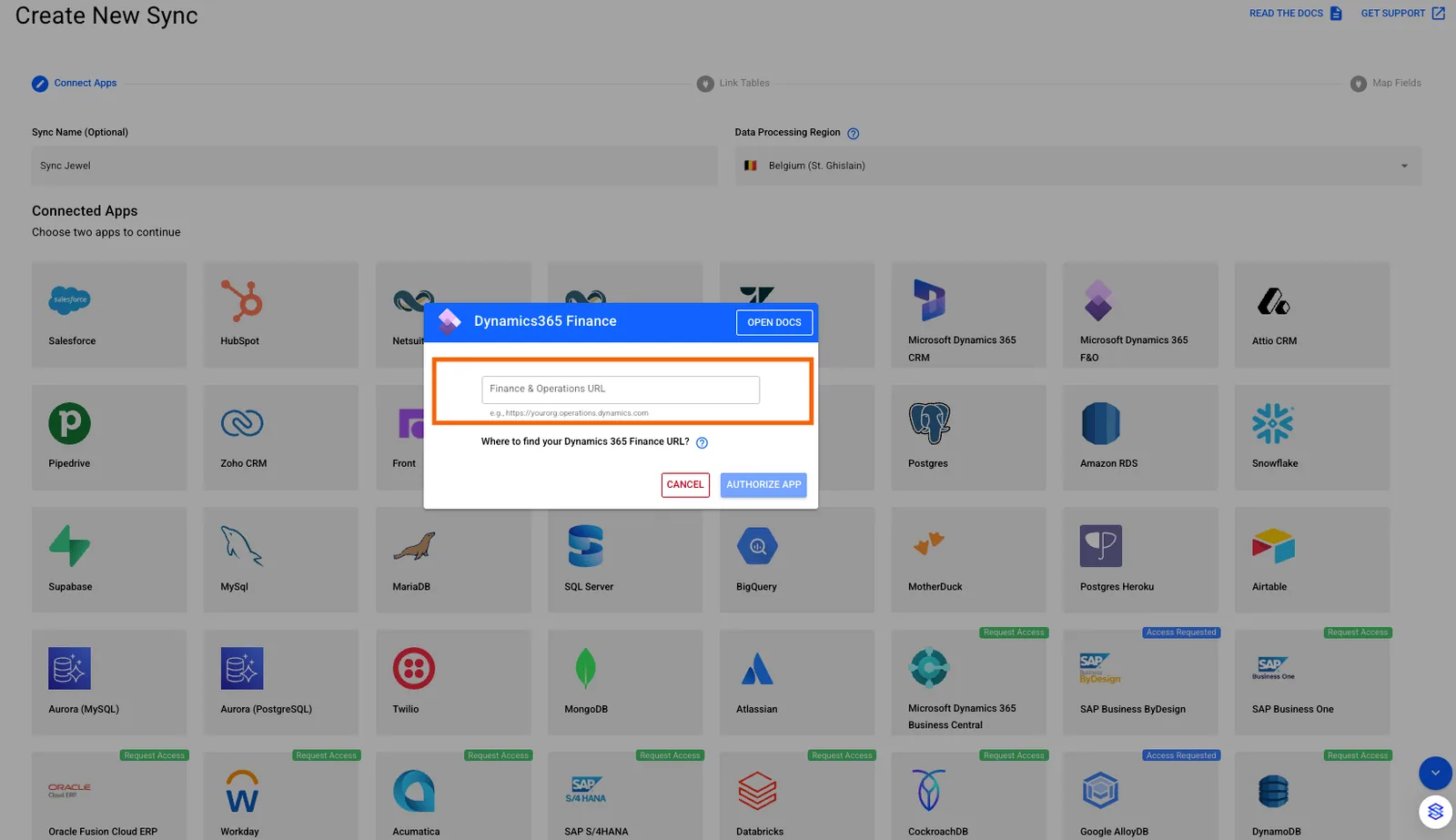 Stacksync "Dynamics365 Finance" dialog with the "Finance & Operations URL" field highlighted and an "Authorize App" button.