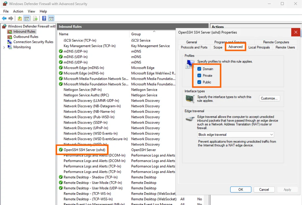 Windows Defender Firewall inbound rule "OpenSSH SSH Server (sshd)" Advanced tab with Domain, Private and Public profiles checked.