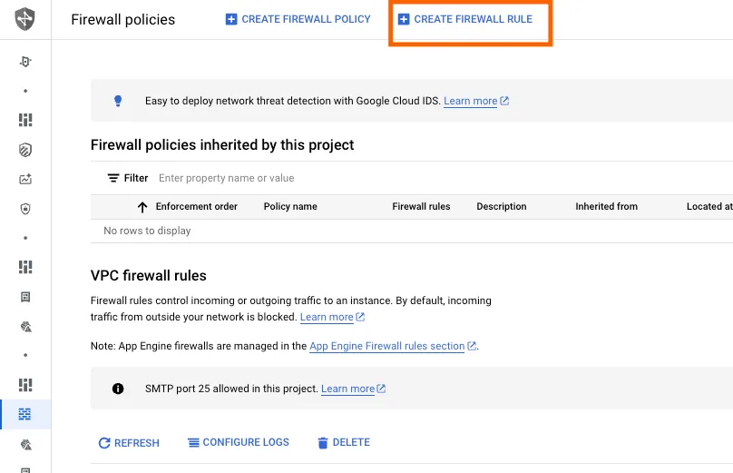 GCP "Firewall policies" page with the "Create Firewall Rule" button highlighted.