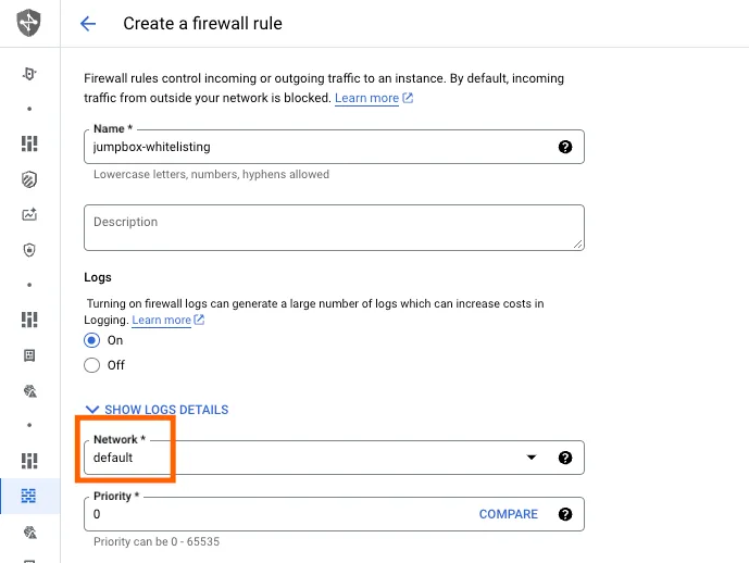 GCP "Create a firewall rule" form named "jumpbox-whitelisting" with the "Network" field set to "default" highlighted.