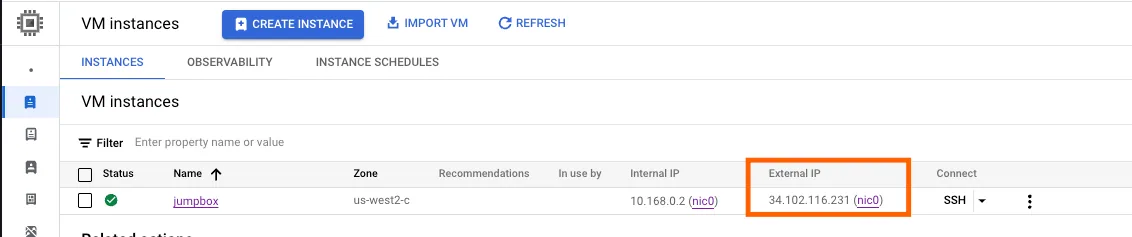 GCP VM instances list with the "jumpbox" VM's "External IP" column highlighted.