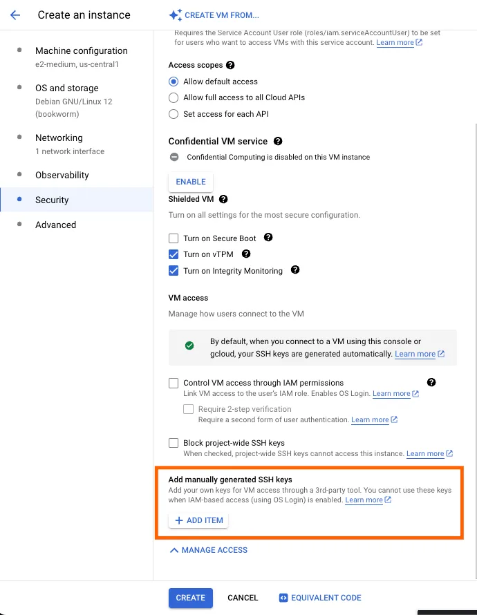 GCP "Create an instance" Security section with "Add manually generated SSH keys" and its "Add Item" button highlighted.