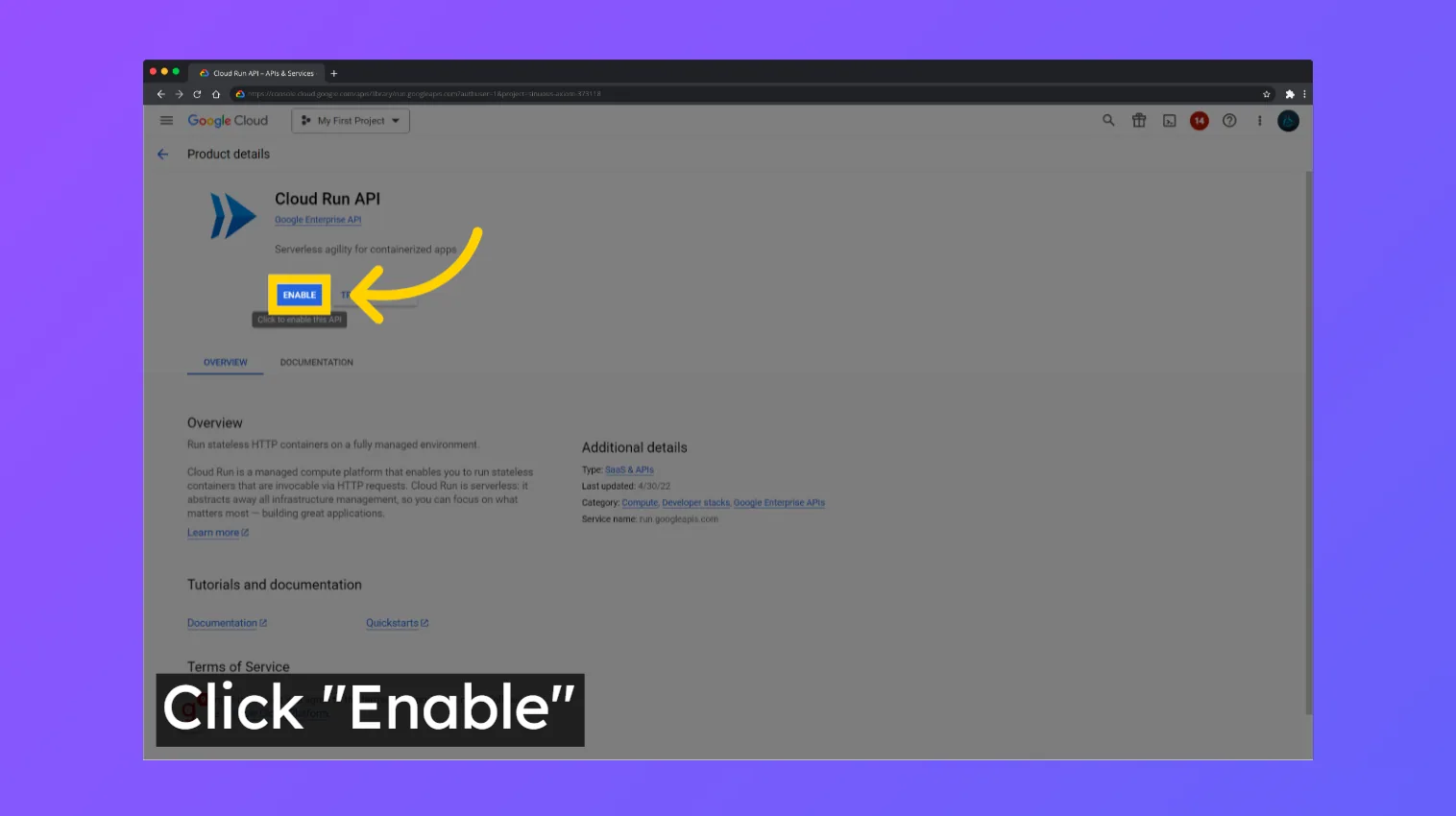 Google Cloud Run API product page with the "Enable" button highlighted