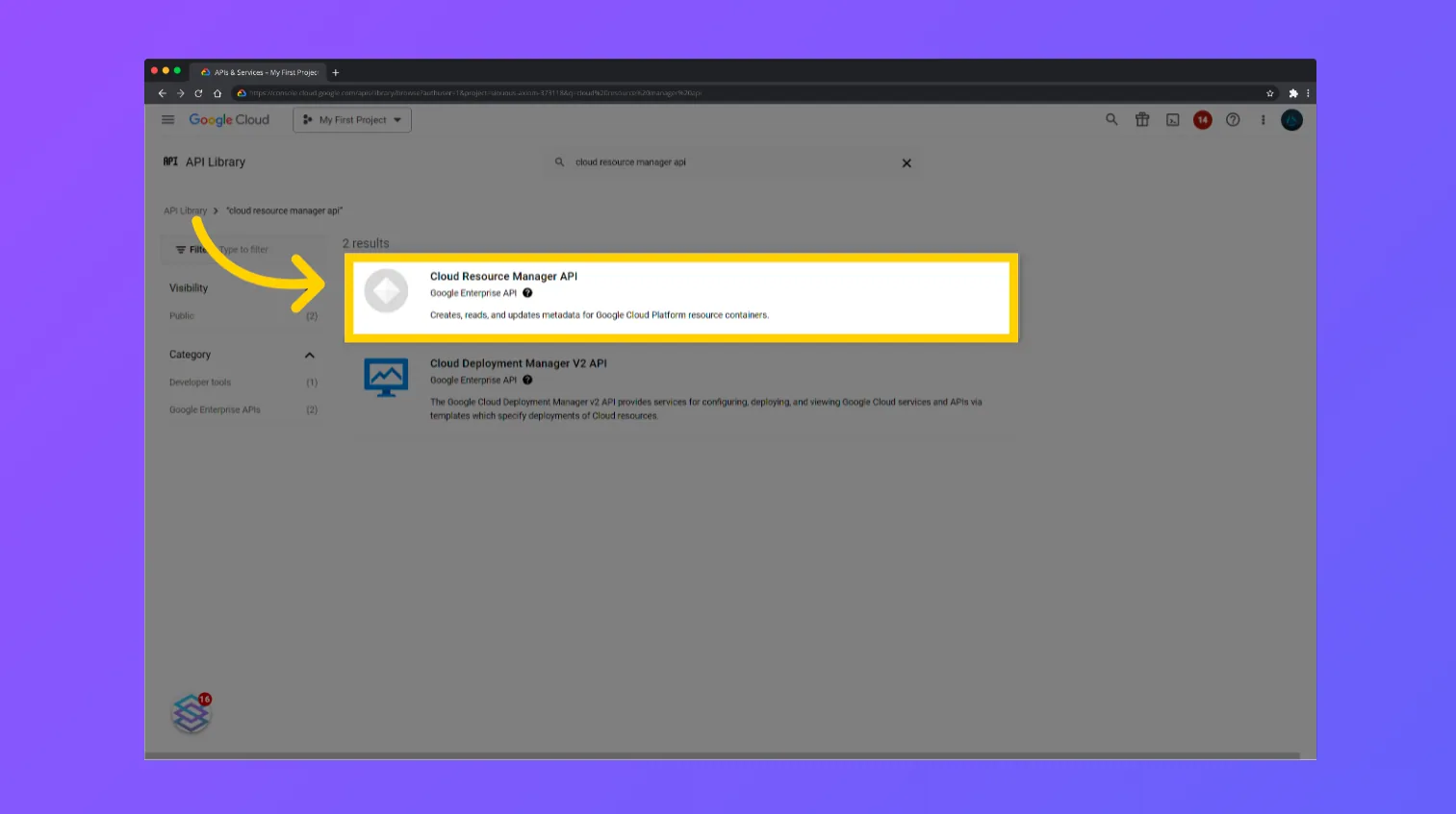 Google Cloud API Library search results with "Cloud Resource Manager API" highlighted