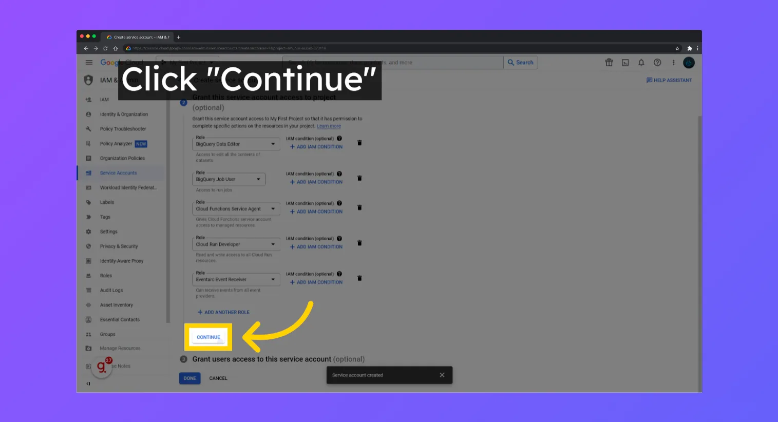 Google Cloud service account with the five BigQuery sync roles added and the "Continue" button highlighted