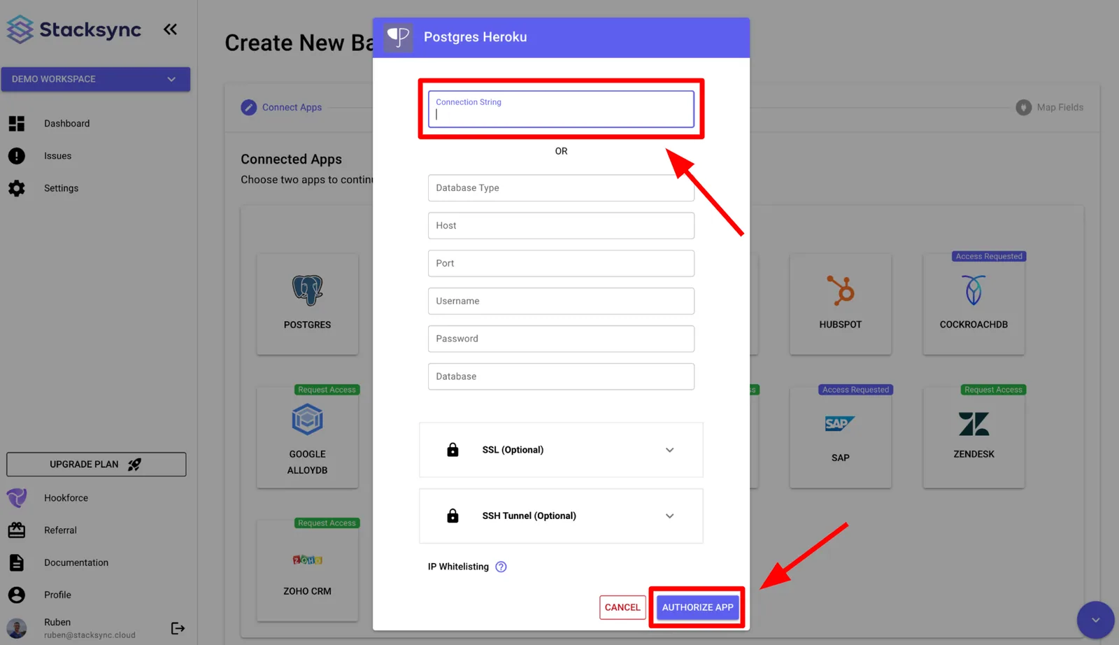 Stacksync Postgres Heroku connection dialog with the "Connection String" field and "Authorize App" button highlighted.