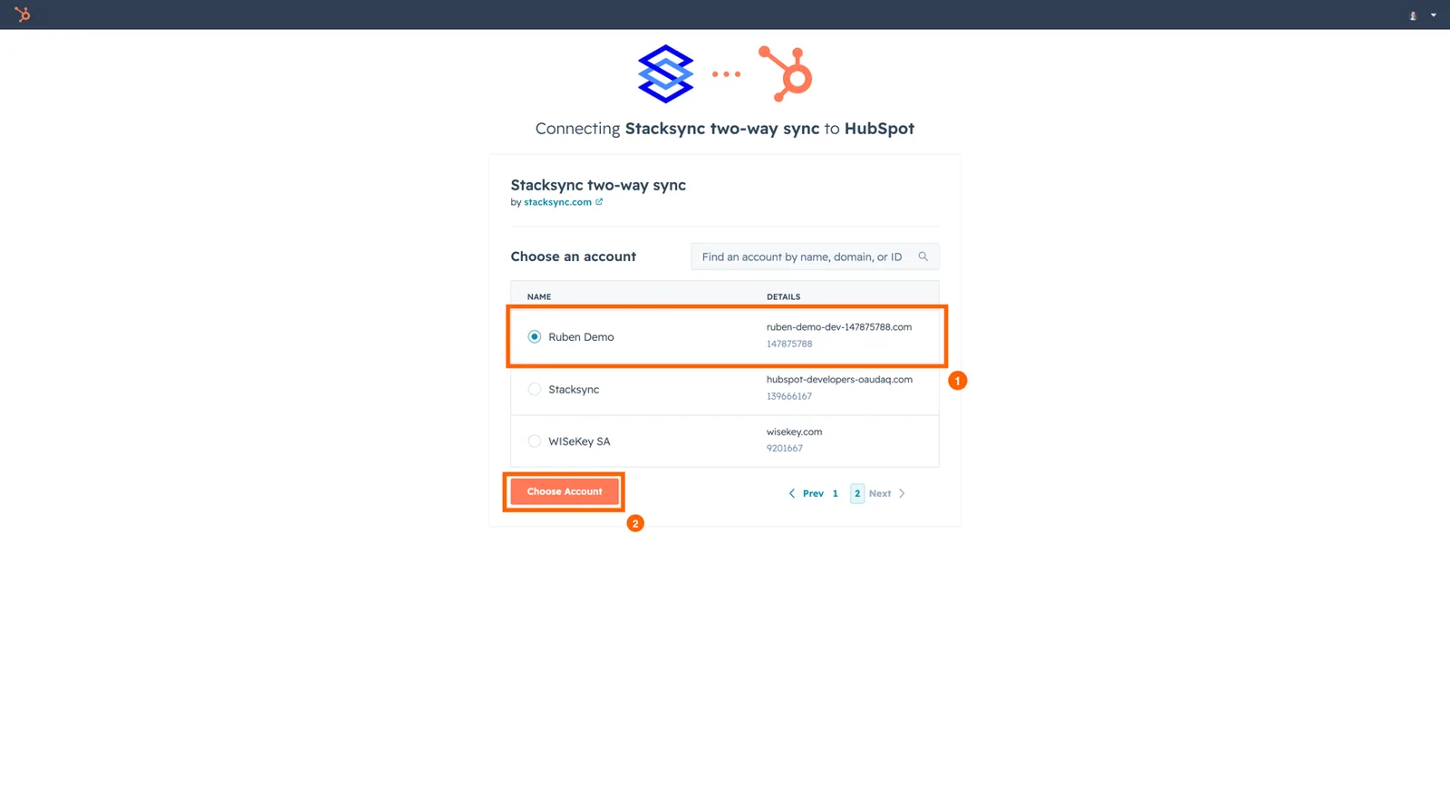 HubSpot "Connecting Stacksync two-way sync to HubSpot" page with an account selected and the "Choose Account" button highlighted.