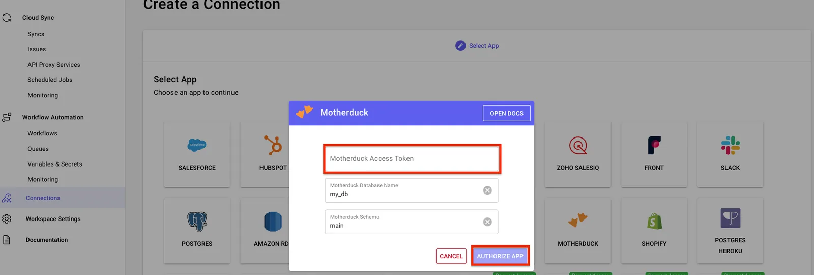 Stacksync Motherduck dialog with the "Motherduck Access Token" field, database "my_db", schema "main" and "Authorize App" highlighted.