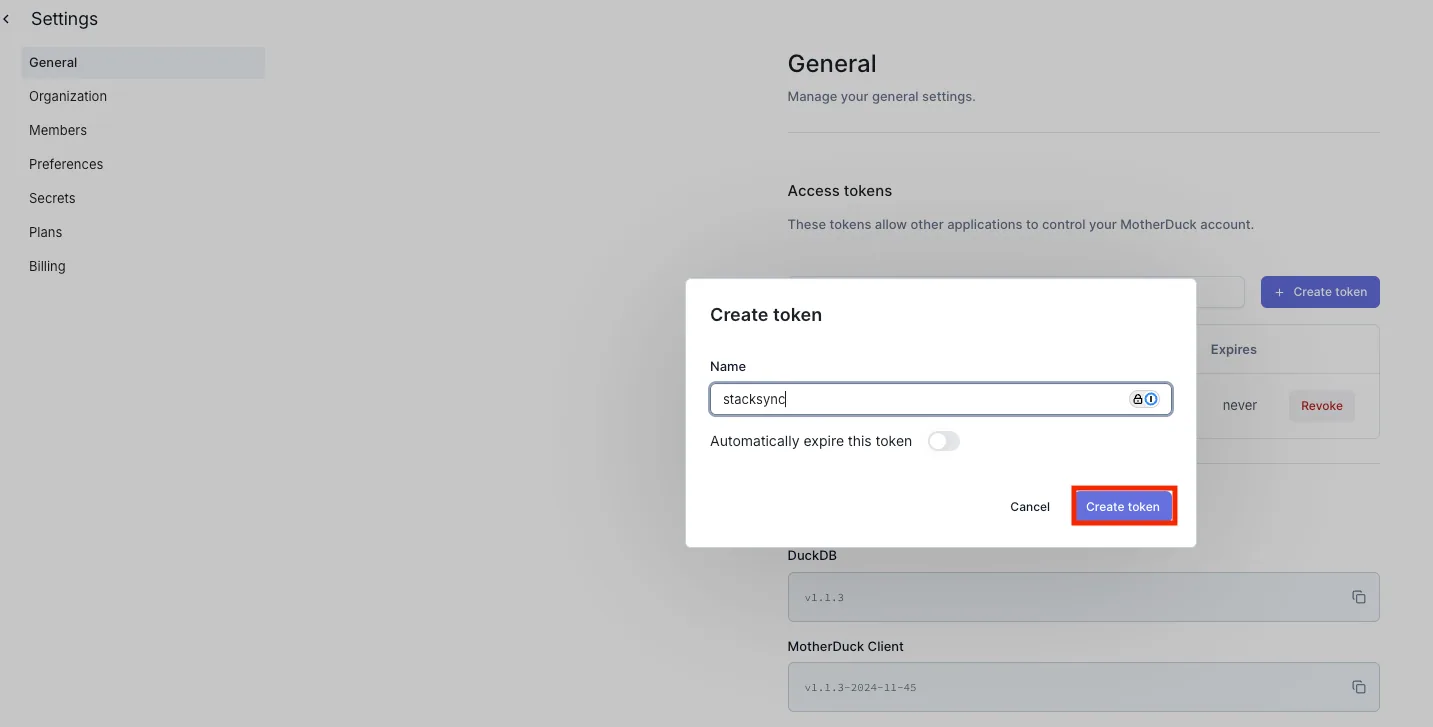 MotherDuck "Create token" dialog with the name "stacksync" entered and the "Create token" button highlighted.