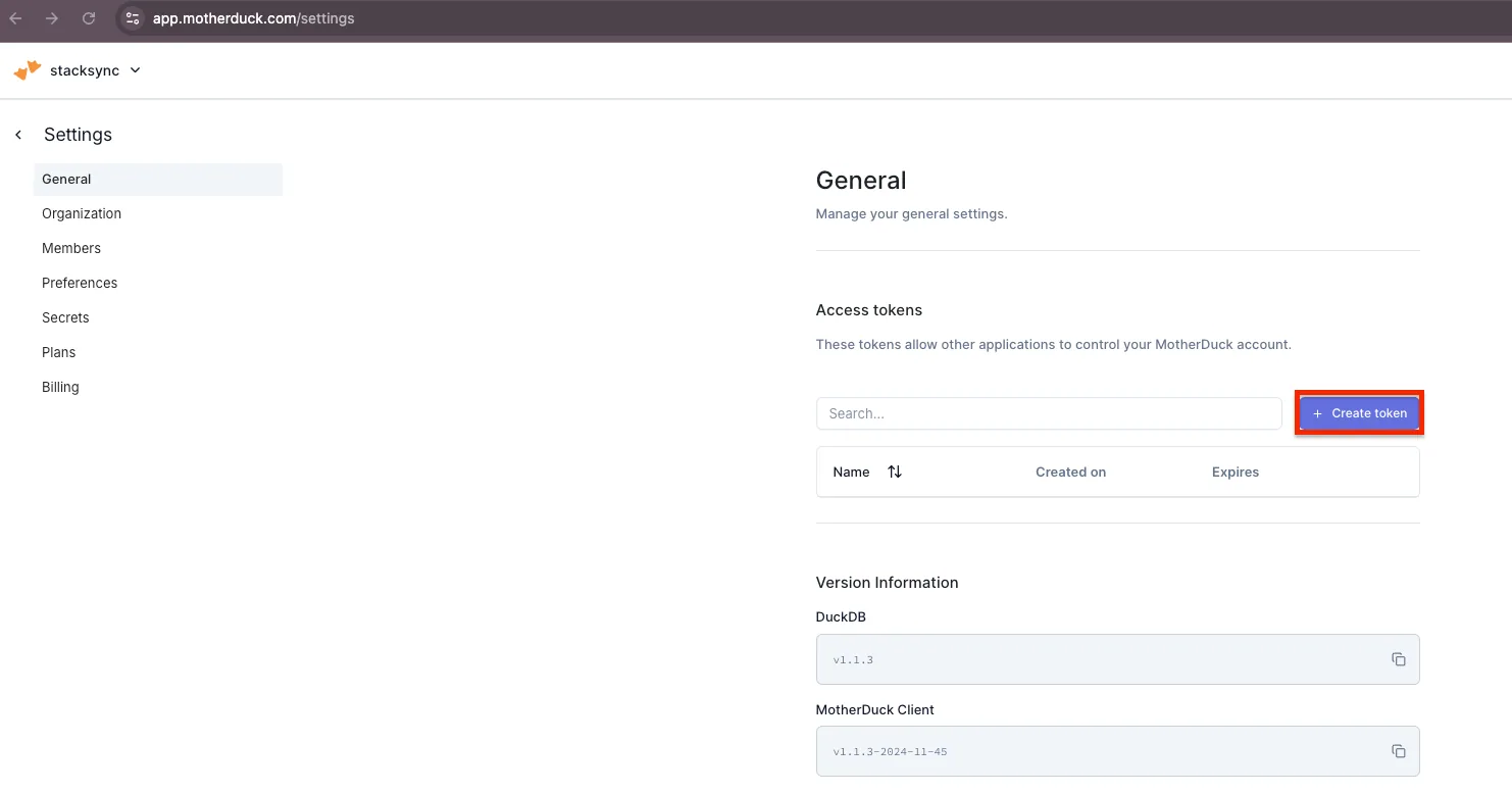 MotherDuck Settings General page with Access tokens section and the "Create token" button highlighted.