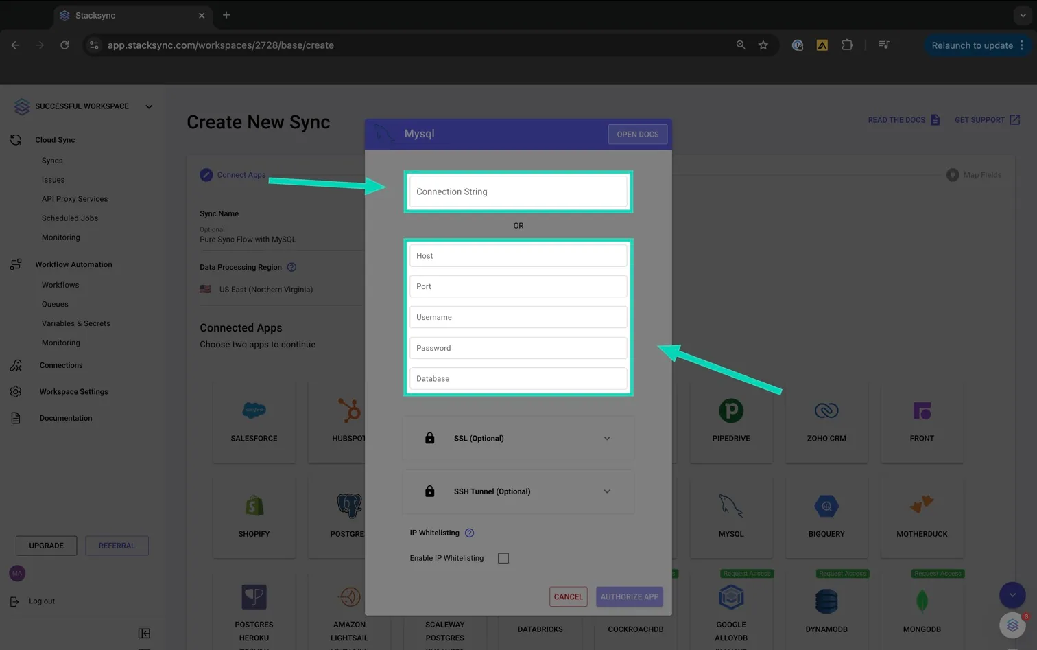 Stacksync MySQL dialog highlighting the "Connection String" field or the Host, Port, Username, Password and Database fields.
