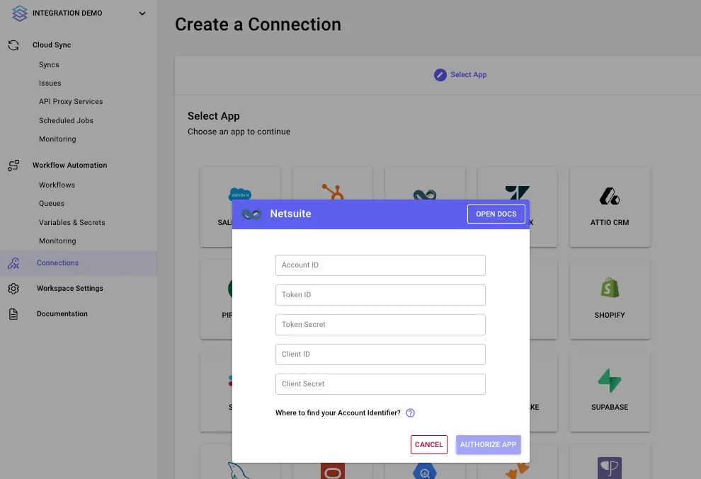 Stacksync NetSuite connection dialog with Account ID, Token ID, Token Secret, Client ID and Client Secret fields and "Authorize App".